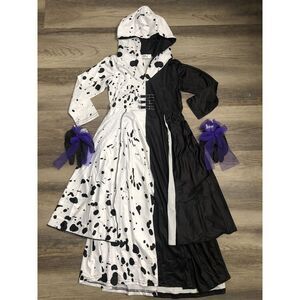 Girls Cruella De Vil Costume Size 120 (5-6) S With Gloves Halloween Stretch New